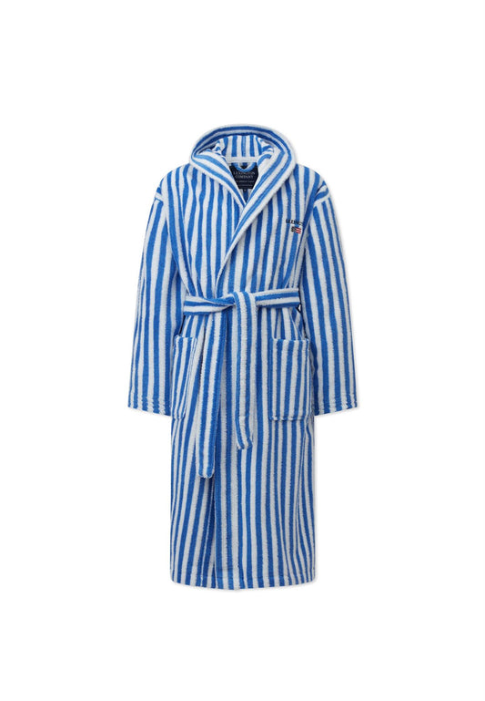 STRIPED COTTON-MIX HOODIE ROBE, BLUE/WHITE